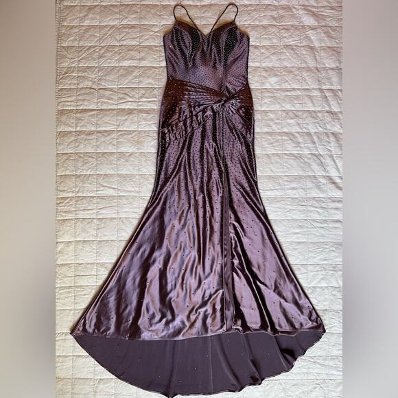 Camille La Vie Purple Mauve Studded Trumpet Formal Dress w/ High Leg Slit - 8 - Picture 3 of 16